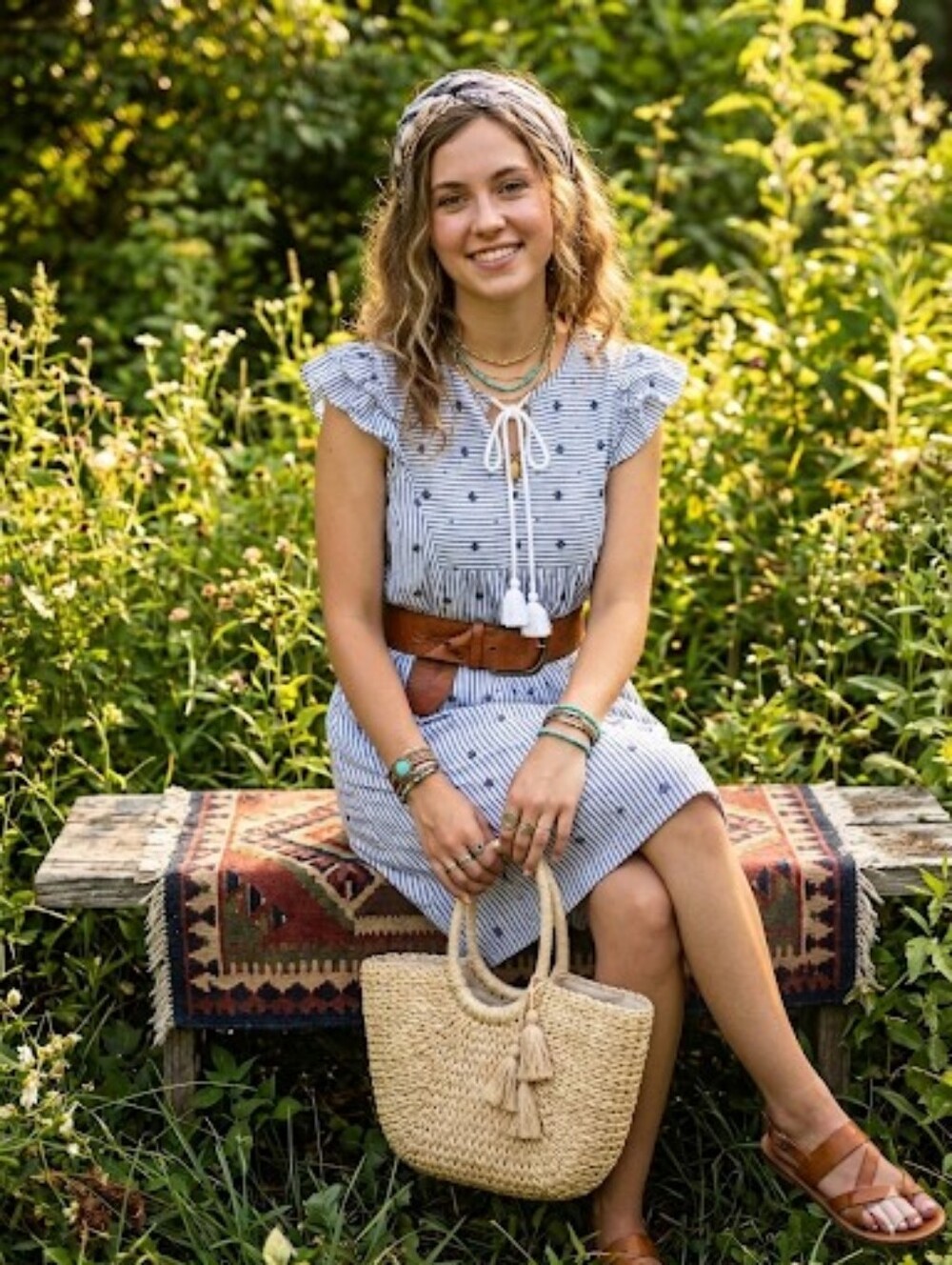 Loft Stripped Embroidered Shift Dress With Tassels Small Cotton Boho